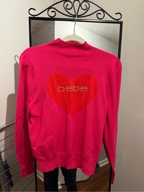 bebe Hot Pink Sweater with Red Heart and Stud Logo